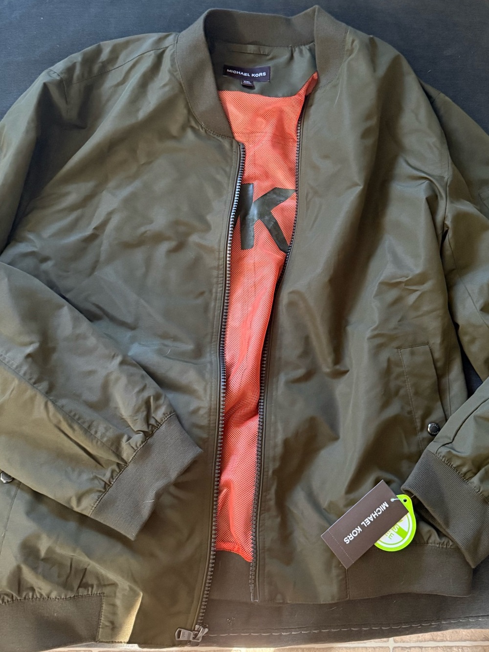 Michael Kors Olive Bomber Jacket with Orange Lining